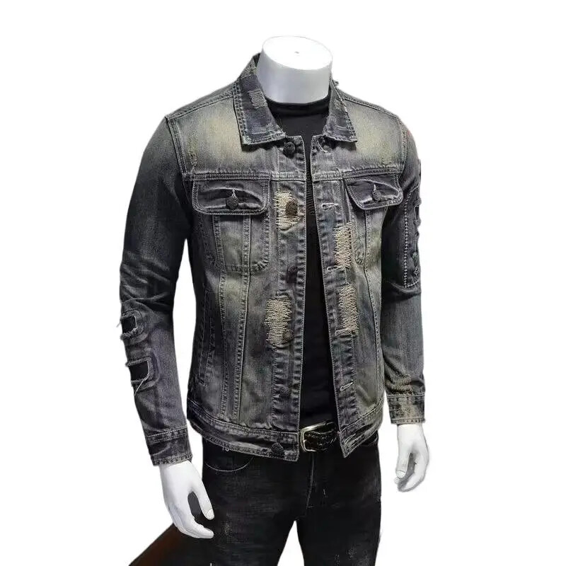 Džínsová bunda Marvel Poison pre mužov 2023 Nový štýl Európska americká tenká vintage motocyklová bunda s detailmi v štýle roztrhaného oblečenia