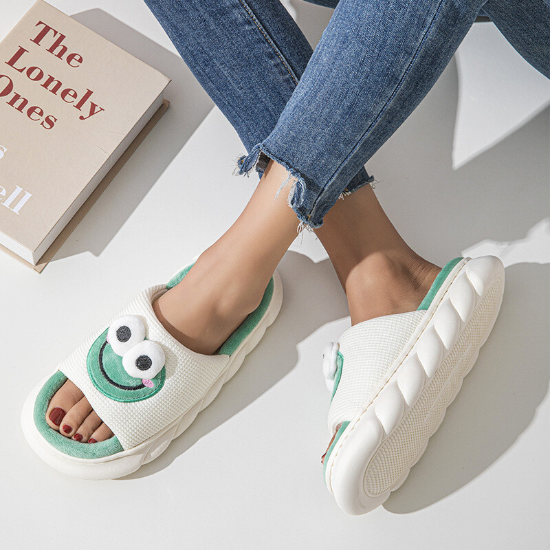 Asgard vasaras jaukas multfilmu čības sievietēm iekštelpās, elpojošas kokvilnas lina čības ar biezu zoli atvērtu purngalu slaidi mājīgi mājas apavi