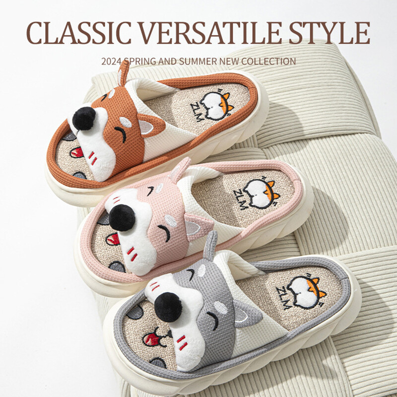 Asgard vasaras jaukas multfilmu čības sievietēm iekštelpās, elpojošas kokvilnas lina čības ar biezu zoli atvērtu purngalu slaidi mājīgi mājas apavi