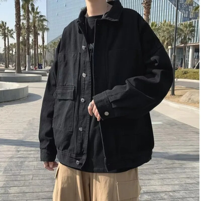 Autumnins trendi crna traper jakna labavog kroja Svestrani gornji dio za muškarce u korejskom stilu, moderna radna odjeća u hongkonškom stilu