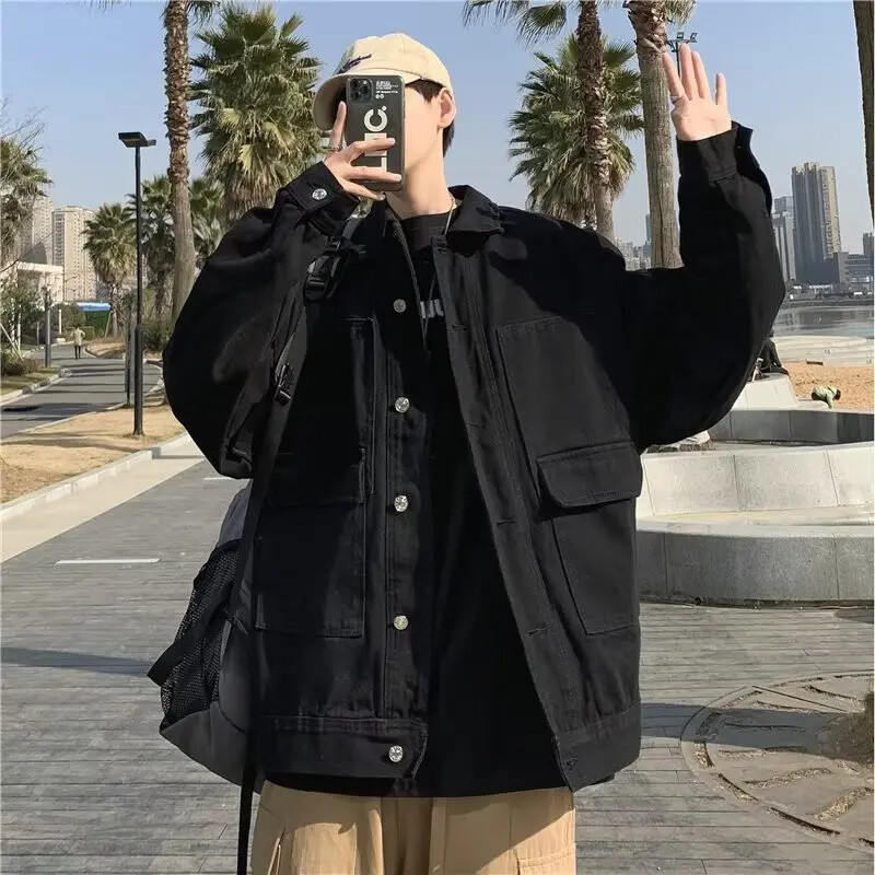 Autumnins trendi crna traper jakna labavog kroja Svestrani gornji dio za muškarce u korejskom stilu, moderna radna odjeća u hongkonškom stilu