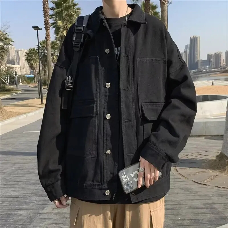 Autumnins trendi crna traper jakna labavog kroja Svestrani gornji dio za muškarce u korejskom stilu, moderna radna odjeća u hongkonškom stilu