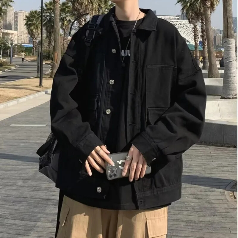 Autumnins trendi crna traper jakna labavog kroja Svestrani gornji dio za muškarce u korejskom stilu, moderna radna odjeća u hongkonškom stilu