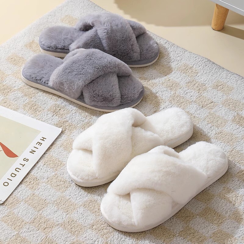 2024 φθινόπωρο και χειμώνας νέα απομίμηση γούνας κουνελιού γυναικεία χιαστί λουράκι βαμβακερές παντόφλες για το σπίτι με χοντρή σόλα ζεστές παντόφλες εσωτερικού χώρου