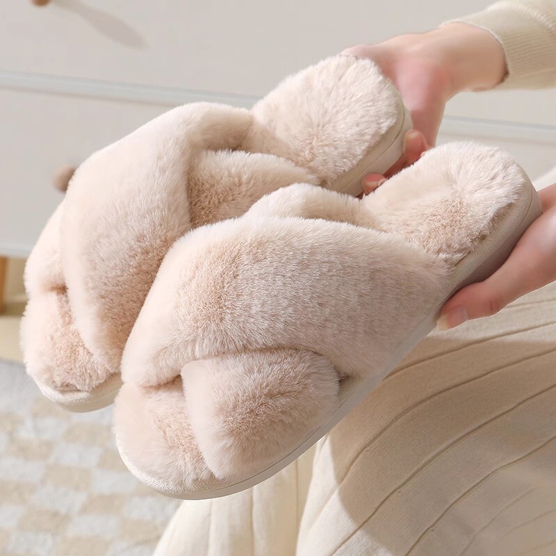 2024 φθινόπωρο και χειμώνας νέα απομίμηση γούνας κουνελιού γυναικεία χιαστί λουράκι βαμβακερές παντόφλες για το σπίτι με χοντρή σόλα ζεστές παντόφλες εσωτερικού χώρου