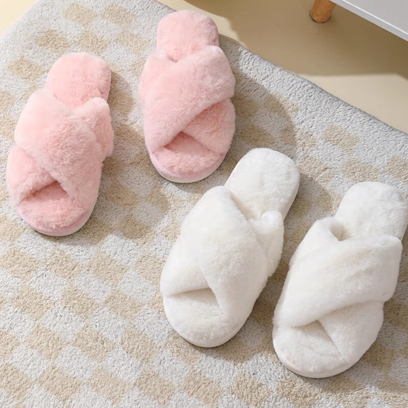 2024 φθινόπωρο και χειμώνας νέα απομίμηση γούνας κουνελιού γυναικεία χιαστί λουράκι βαμβακερές παντόφλες για το σπίτι με χοντρή σόλα ζεστές παντόφλες εσωτερικού χώρου
