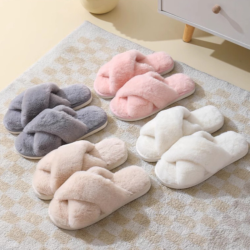 2024 φθινόπωρο και χειμώνας νέα απομίμηση γούνας κουνελιού γυναικεία χιαστί λουράκι βαμβακερές παντόφλες για το σπίτι με χοντρή σόλα ζεστές παντόφλες εσωτερικού χώρου