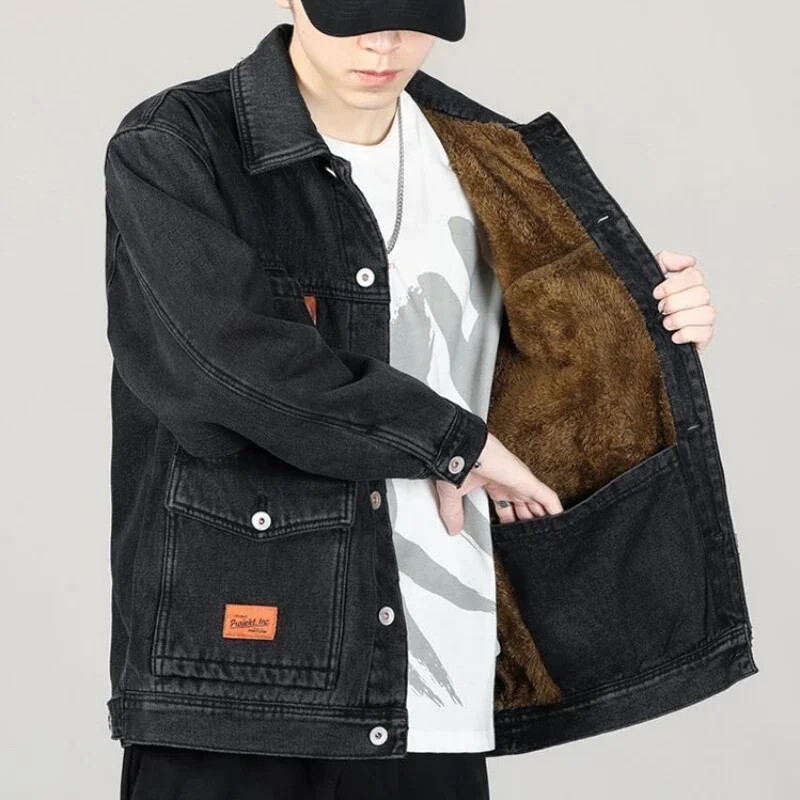 Traper jakne Muška vuna s ovčjim trapericama Kaput Kaput crna široka ramena Podstavljena topla podstava za muškarce Opuštene velike veličine L Y2k Rock