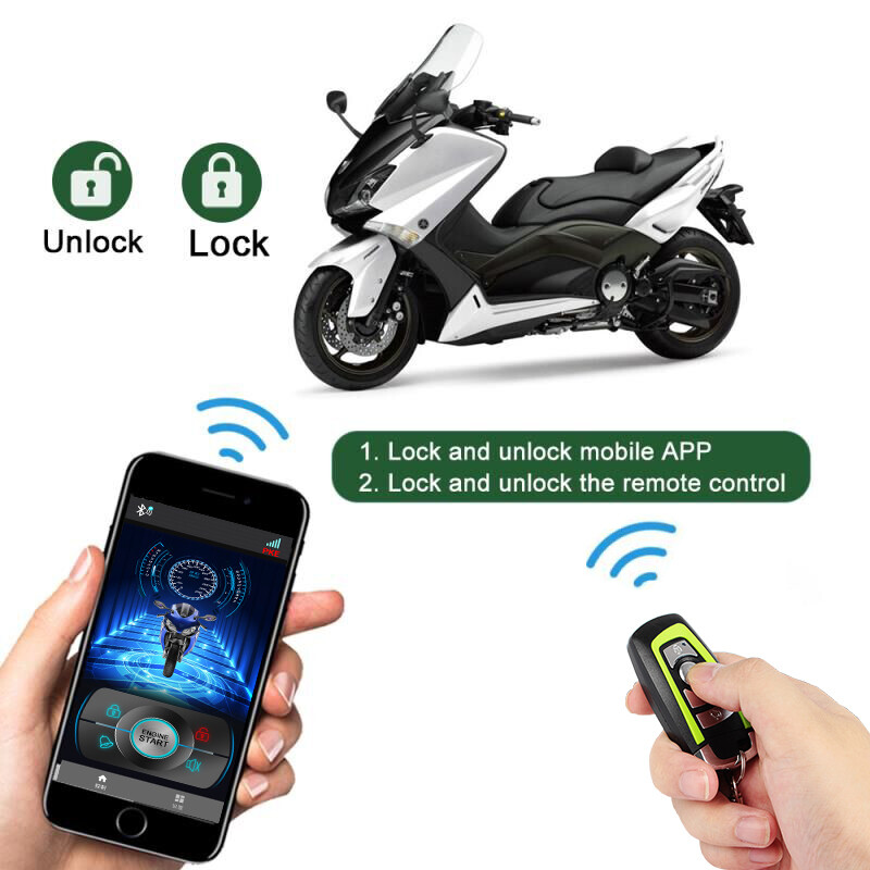 Bluetooth mootorratta vargusvastane alarm tuvastab automaatselt mobiiltelefoni töö, ühe nupuvajutusega PKE induktsiooni vargusvastane lukk