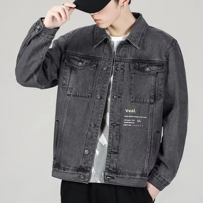Jarná jesenná džínsová bunda pre mužov, voľný strih, trendy všestranný top s klopou, ležérna bunda 2022, nový model, ležérny módny kabát