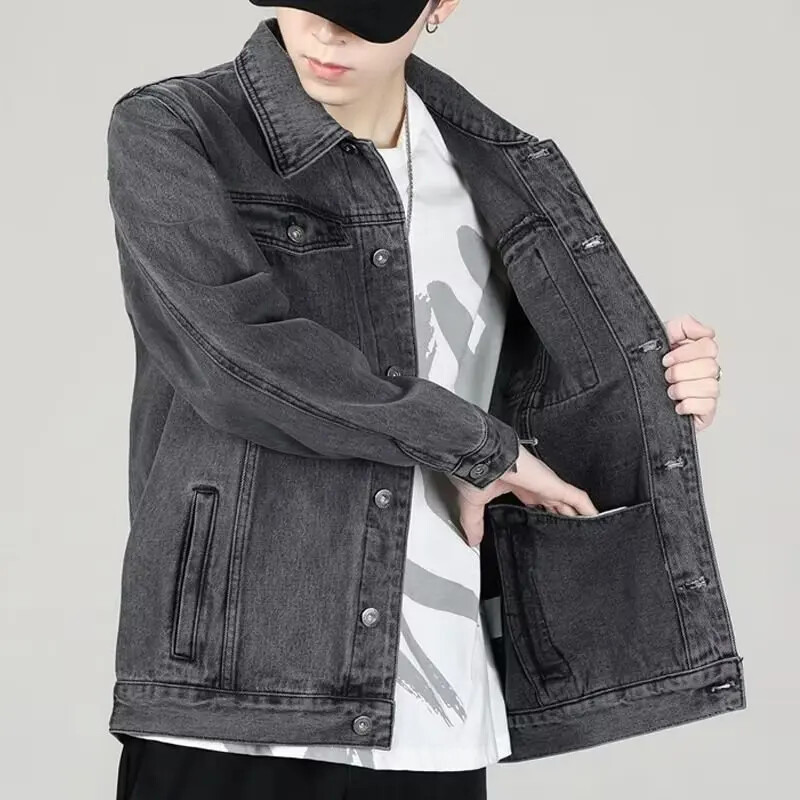 Jarná jesenná džínsová bunda pre mužov, voľný strih, trendy všestranný top s klopou, ležérna bunda 2022, nový model, ležérny módny kabát