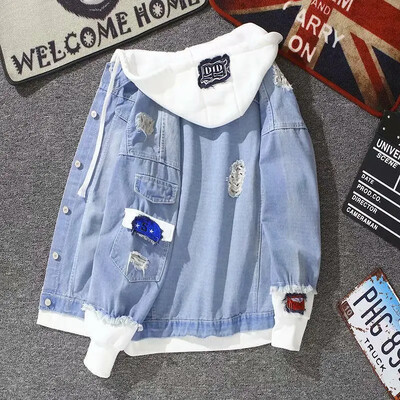 Jachetă de blugi pentru bărbați, versatilă, slăbită, marcă la modă, primăvară, toamnă, cu glugă, îmbinată, în două piese, iluzie, haine de lucru, stil casual