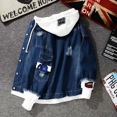 Jachetă de blugi pentru bărbați, versatilă, slăbită, marcă la modă, primăvară, toamnă, cu glugă, îmbinată, în două piese, iluzie, haine de lucru, stil casual