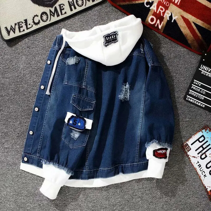 Jachetă de blugi pentru bărbați, versatilă, slăbită, marcă la modă, primăvară, toamnă, cu glugă, îmbinată, în două piese, iluzie, haine de lucru, stil casual