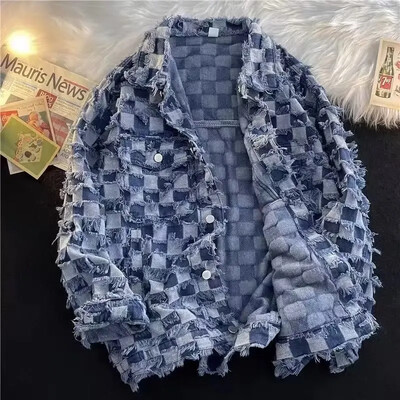 Jachetă de blugi în carouri pentru bărbați, pentru femei, în stil american, lejeră, design vintage, sensibilitate, toamnă, îmbrăcăminte ocazională la modă