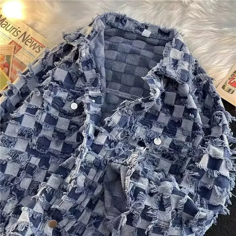 Jachetă de blugi în carouri pentru bărbați, pentru femei, în stil american, lejeră, design vintage, sensibilitate, toamnă, îmbrăcăminte ocazională la modă