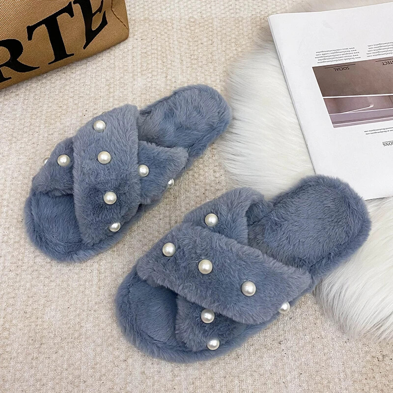 2024. gada jauna rudens ziemas mājas čības ar biezu apakšu, plīša kokvilnas vilkšanas tīklu, sarkanas pērļu pūkainas čības sieviešu valkāšanai