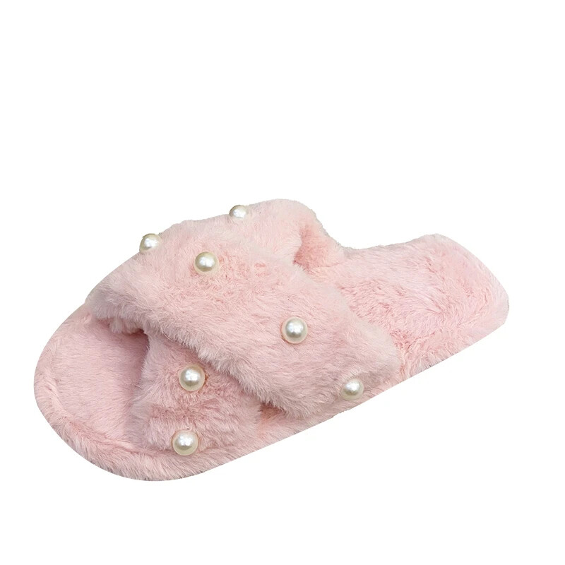 2024. gada jauna rudens ziemas mājas čības ar biezu apakšu, plīša kokvilnas vilkšanas tīklu, sarkanas pērļu pūkainas čības sieviešu valkāšanai