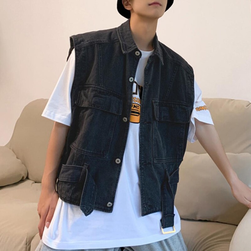 Vestă cargo elegantă pentru bărbați, nasturi pentru bărbați, îmbrăcăminte super moale, relaxată, cu un singur piept, vestă de blugi pentru bărbați.