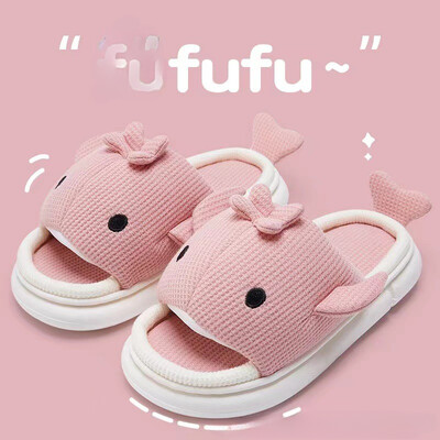 Διαπνέον, απορροφητικό ιδρώτα για το σπίτι, αντιολισθητικό, σίγαση και μαλακή σόλα, σφουγγαρίστρα λινάρι Παντόφλες Γυναικεία άνοιξη και φθινόπωρο, χαριτωμένη φάλαινα κινουμένων σχεδίων