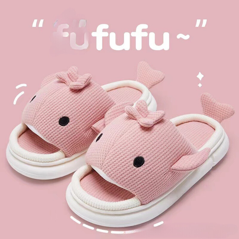 Διαπνέον, απορροφητικό ιδρώτα για το σπίτι, αντιολισθητικό, σίγαση και μαλακή σόλα, σφουγγαρίστρα λινάρι Παντόφλες Γυναικεία άνοιξη και φθινόπωρο, χαριτωμένη φάλαινα κινουμένων σχεδίων