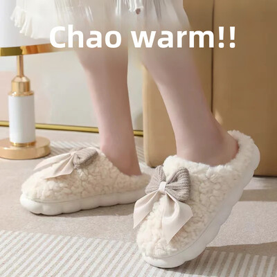 Papuci noi din bumbac cu fundă, pentru interior, pentru femei, uz casnic, cu fundul cald, gros, anti-alunecare, după naștere, stil dulce pentru femei