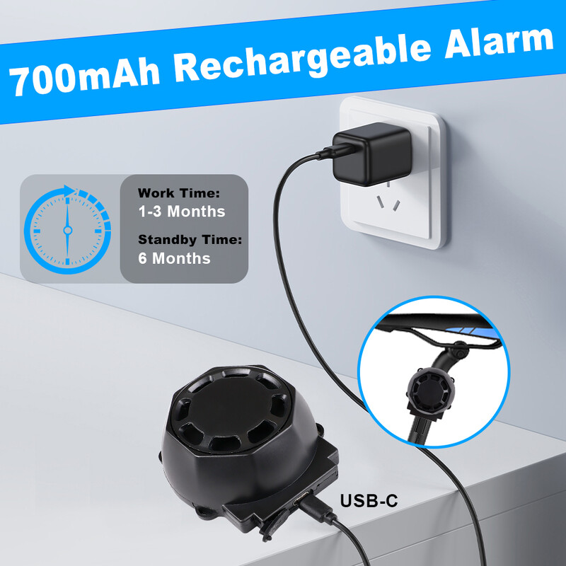 120 dB vandeniui atspari apsaugos nuo vagystės signalizacija, skirta dviračio motociklo USB-C įkrovimui nuotolinio valdymo pulto signalizacija, vibracijos judesio jutiklio signalizacija