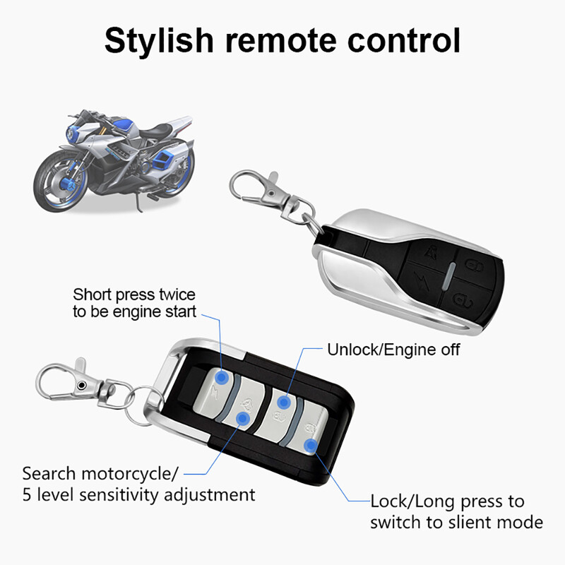 Motocikla signalizācijas sistēma 12V 125dB pretaizdzīšanas vienvirziena signalizācijas sistēma ar tālvadības dzinēja iedarbināšanu motocikla motorolleram ar 2 tālvadības pultīm