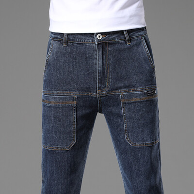 2024. gada jauni 6 kabatu dizaina vīriešu džinsa džinsi, šauri pilna garuma bikses ar augstu elastību, slaidas bikses Vīriešu modes džinsi līdz viduklim