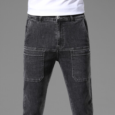 2024. gada jauni 6 kabatu dizaina vīriešu džinsa džinsi, šauri pilna garuma bikses ar augstu elastību, slaidas bikses Vīriešu modes džinsi līdz viduklim