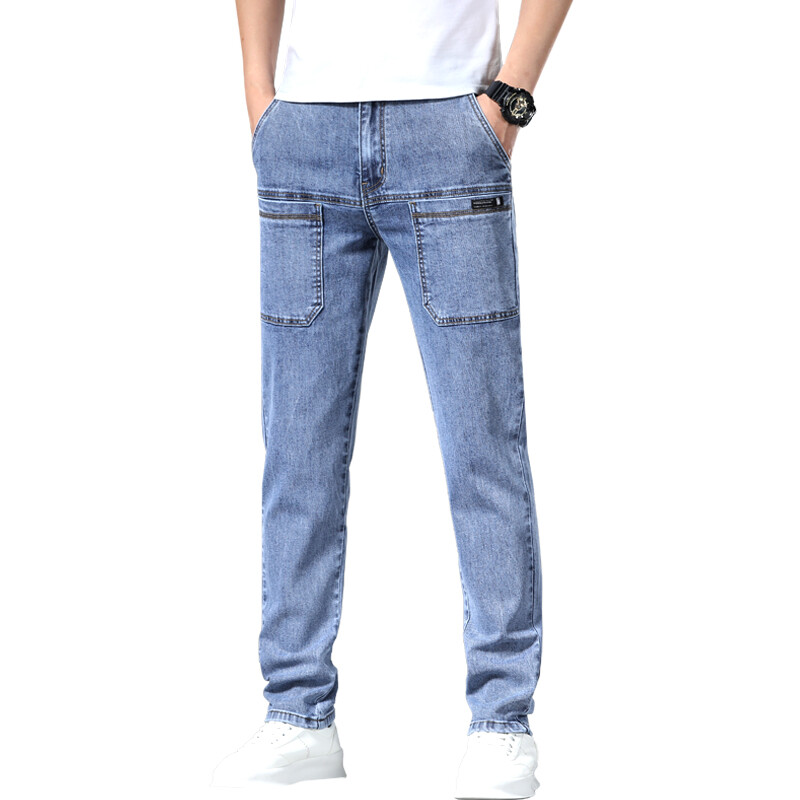 2024. gada jauni 6 kabatu dizaina vīriešu džinsa džinsi, šauri pilna garuma bikses ar augstu elastību, slaidas bikses Vīriešu modes džinsi līdz viduklim