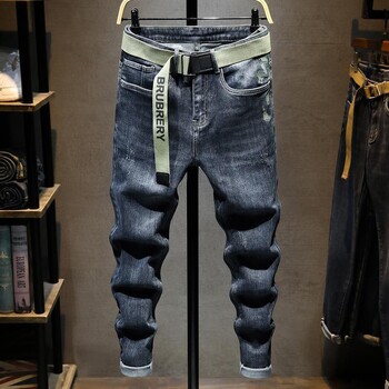 Harajuku Fashion Slim Fit Stretch Denim Jeans за мъже Пролет и есен Ежедневни сини сиви водни пране Дълги панталони Луксозни тънки дънки