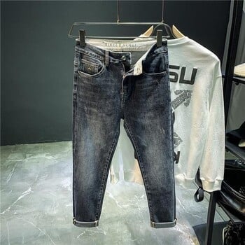 Harajuku Fashion Slim Fit Stretch Denim Jeans за мъже Пролет и есен Ежедневни сини сиви водни пране Дълги панталони Луксозни тънки дънки