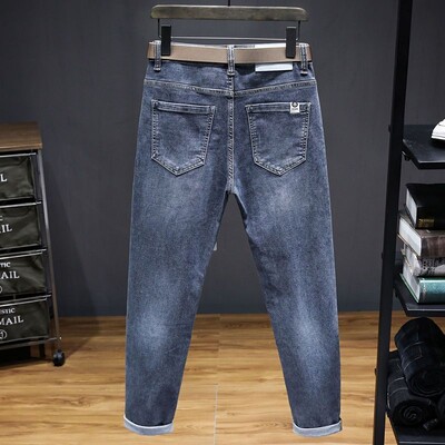 Harajuku módne slim fit strečové džínsy pre mužov jar a jeseň ležérne modrošedé vodné pranie dlhé nohavice luxusné slim džínsy
