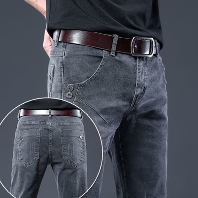 Modes Stilīgs korejiešu stila apģērbs Klasisks Kpop Streetwear Luksusa Slim-Fit Smoke Grey Vīriešu Džinsi Ikdienas kovboju bikses vīriešiem