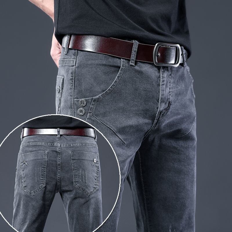 Modes Stilīgs korejiešu stila apģērbs Klasisks Kpop Streetwear Luksusa Slim-Fit Smoke Grey Vīriešu Džinsi Ikdienas kovboju bikses vīriešiem