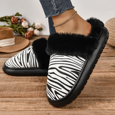 Ziemas Sieviešu Platformas Kažokādas Čības Siltas Jaunas Dzīvoklis Mājas Kokvilnas Apavi Zebra Stripes Kurpes sievietēm 44 45 Izmērs