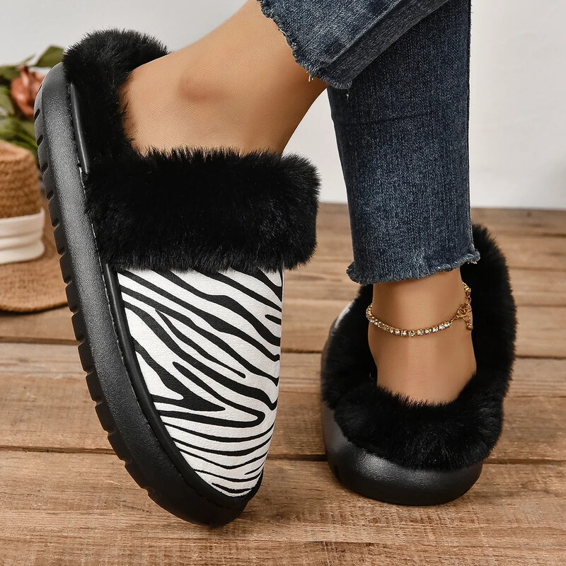 Ziemas Sieviešu Platformas Kažokādas Čības Siltas Jaunas Dzīvoklis Mājas Kokvilnas Apavi Zebra Stripes Kurpes sievietēm 44 45 Izmērs