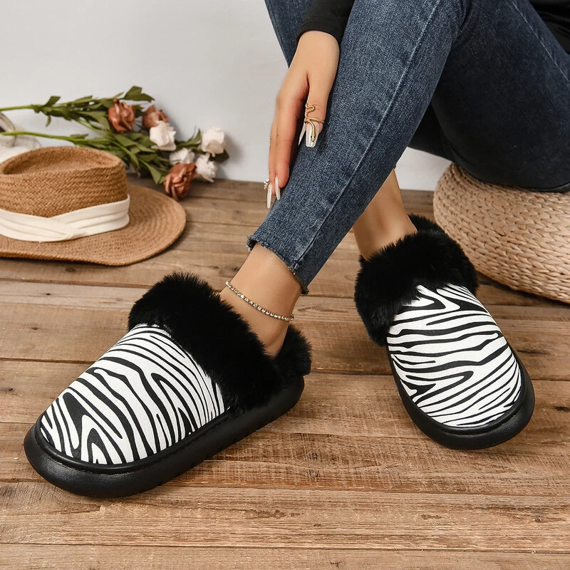 Ziemas Sieviešu Platformas Kažokādas Čības Siltas Jaunas Dzīvoklis Mājas Kokvilnas Apavi Zebra Stripes Kurpes sievietēm 44 45 Izmērs