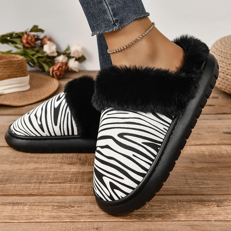 Ziemas Sieviešu Platformas Kažokādas Čības Siltas Jaunas Dzīvoklis Mājas Kokvilnas Apavi Zebra Stripes Kurpes sievietēm 44 45 Izmērs