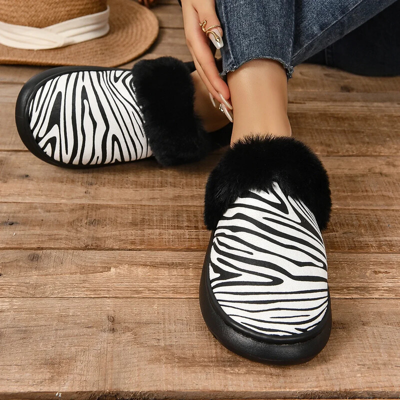 Ziemas Sieviešu Platformas Kažokādas Čības Siltas Jaunas Dzīvoklis Mājas Kokvilnas Apavi Zebra Stripes Kurpes sievietēm 44 45 Izmērs
