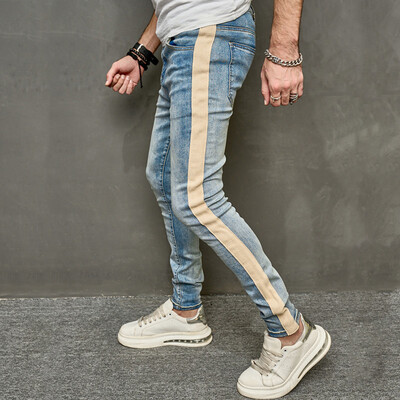 Bărbați de primăvară stilat patchwork subțire creion blugi pantaloni bărbați streetwear culoare uni pantaloni casual denim