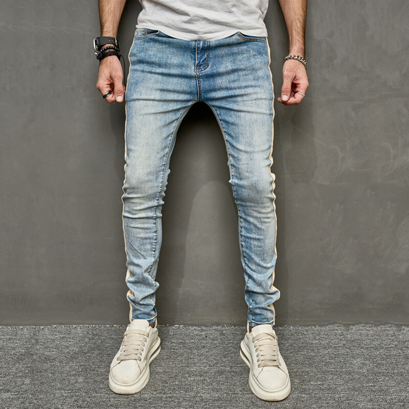 Bărbați de primăvară stilat patchwork subțire creion blugi pantaloni bărbați streetwear culoare uni pantaloni casual denim