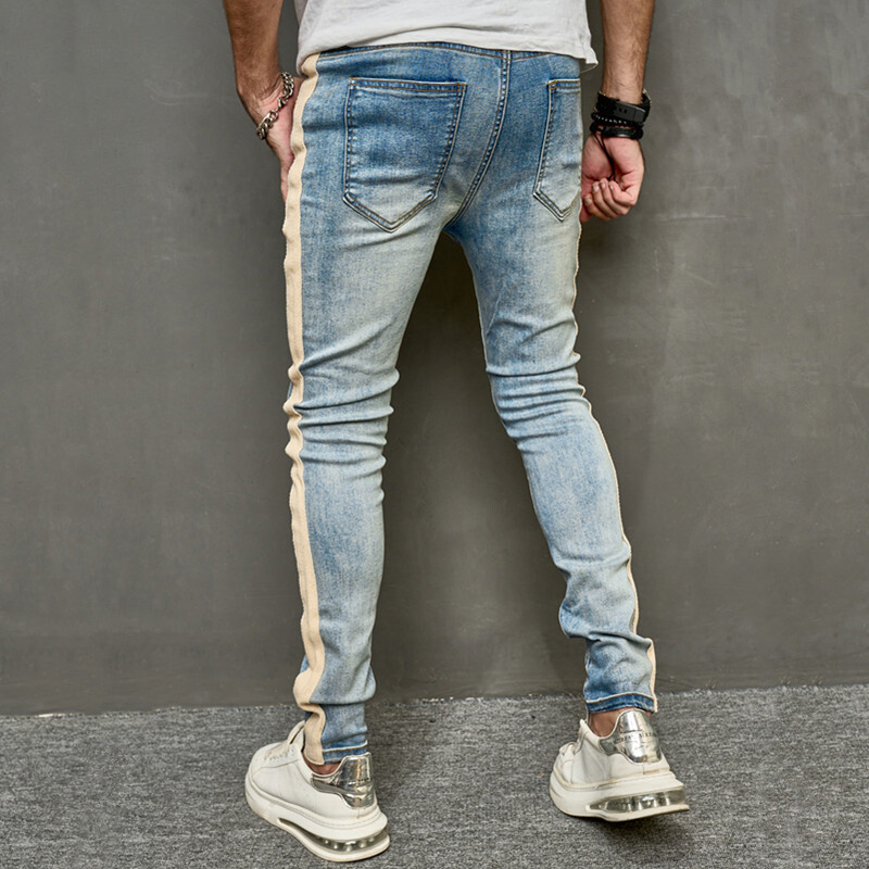 Bărbați de primăvară stilat patchwork subțire creion blugi pantaloni bărbați streetwear culoare uni pantaloni casual denim