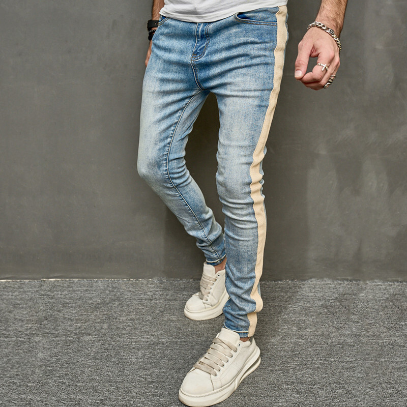 Bărbați de primăvară stilat patchwork subțire creion blugi pantaloni bărbați streetwear culoare uni pantaloni casual denim