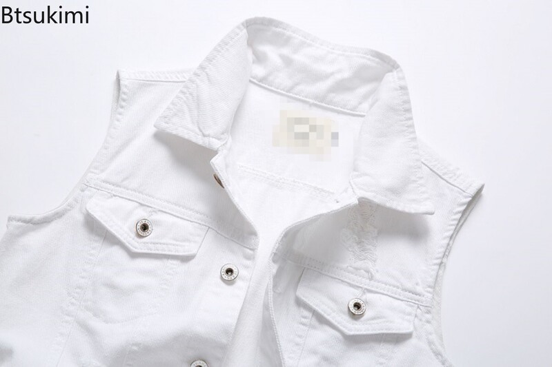 2024-es új férfi fehér farmer mellény, vintage, ujjatlan, alkalmi tiszta pamut mellény dzsekik mosott farmer mellények férfi divatos utcai ruházat