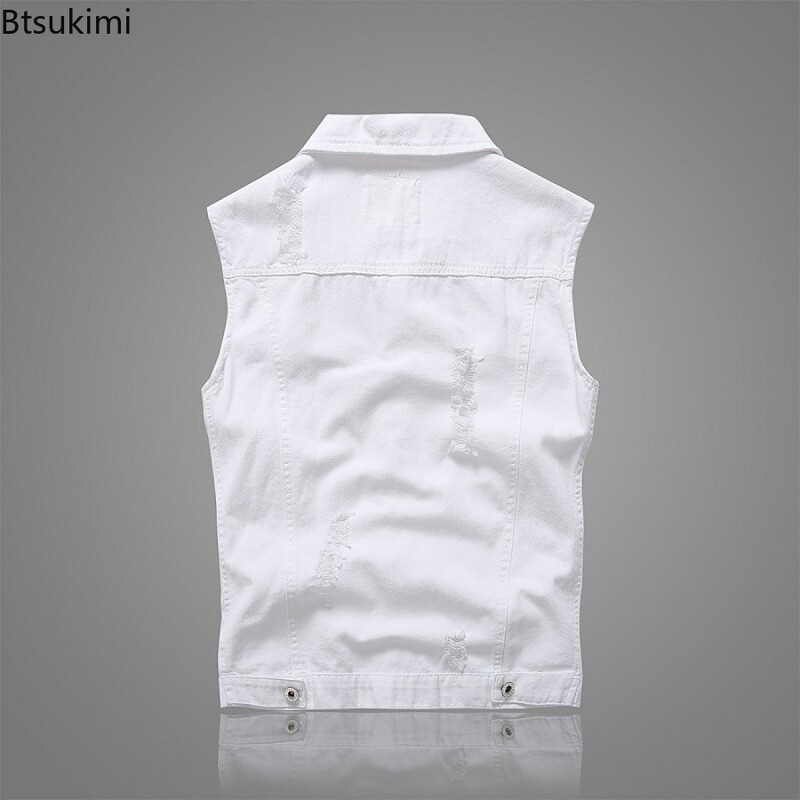 2024-es új férfi fehér farmer mellény, vintage, ujjatlan, alkalmi tiszta pamut mellény dzsekik mosott farmer mellények férfi divatos utcai ruházat