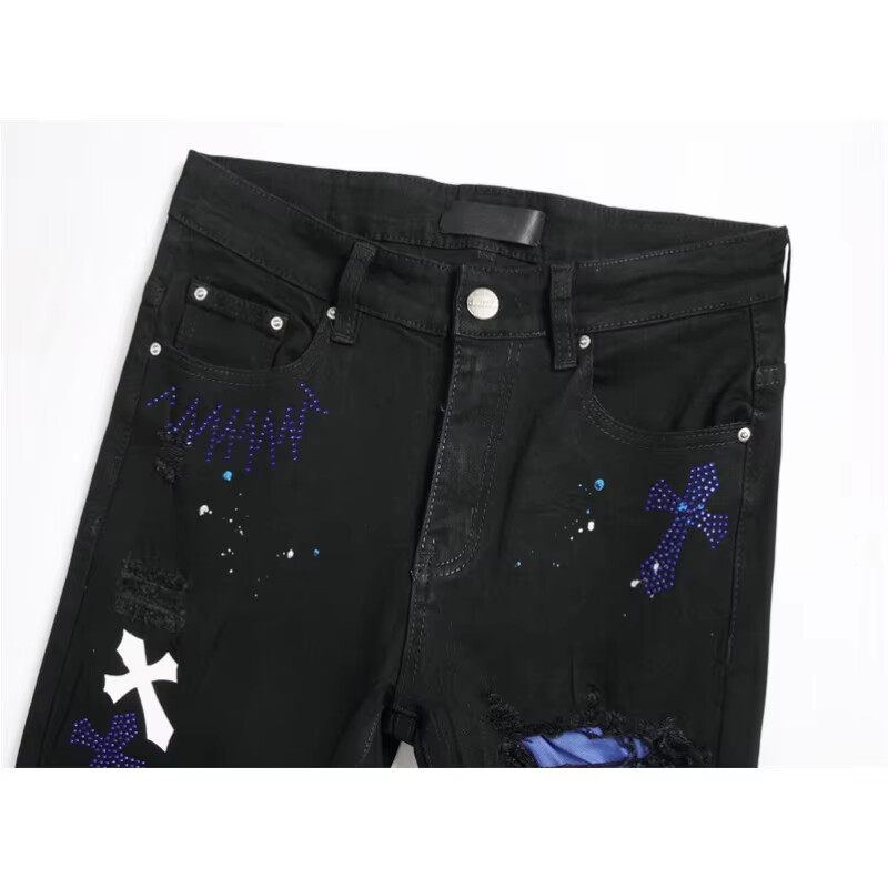 Eiropas džinsi ar nomāktiem ielāpiem, melni, moderni elastīgi slaidi legingi, personalizētas vīriešu bikses