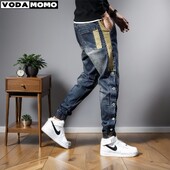 Pantaloni de blugi harem de modă coreeană pentru bărbați, pantaloni elastici, subțiri, cu șnur, ocazional, pentru jogging, creion, pantaloni din denim, îmbrăcăminte de stradă hip hop pentru bărbați.