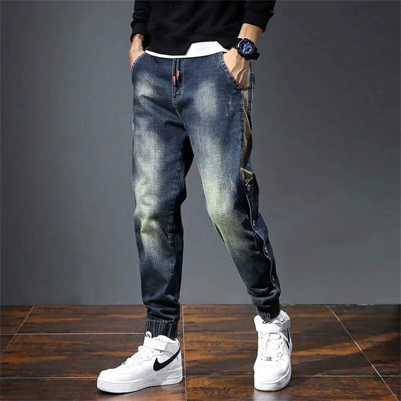 Pantaloni de blugi harem de modă coreeană pentru bărbați, pantaloni elastici, subțiri, cu șnur, ocazional, pentru jogging, creion, pantaloni din denim, îmbrăcăminte de stradă hip hop pentru bărbați.